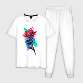 Мужская пижама хлопок с принтом Красная и синяя розы в Петрозаводске, 100% хлопок | брюки и футболка прямого кроя, без карманов, на брюках мягкая резинка на поясе и по низу штанин
 | лето | природа | роза | символ любви | цветы