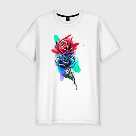 Мужская футболка хлопок Slim с принтом Красная и синяя розы в Курске, 92% хлопок, 8% лайкра | приталенный силуэт, круглый вырез ворота, длина до линии бедра, короткий рукав | лето | природа | роза | символ любви | цветы