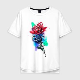 Мужская футболка хлопок Oversize с принтом Красная и синяя розы в Тюмени, 100% хлопок | свободный крой, круглый ворот, “спинка” длиннее передней части | лето | природа | роза | символ любви | цветы