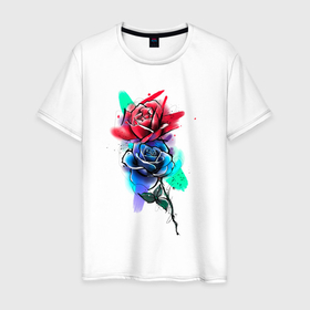 Мужская футболка хлопок с принтом Красная и синяя розы в Курске, 100% хлопок | прямой крой, круглый вырез горловины, длина до линии бедер, слегка спущенное плечо. | лето | природа | роза | символ любви | цветы