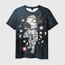 Мужская футболка 3D с принтом Психоделическая корова космонавт в Петрозаводске, 100% полиэфир | прямой крой, круглый вырез горловины, длина до линии бедер | бык | животное | корова | космонавт | космос | психоделика | пятна