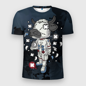 Мужская футболка 3D Slim с принтом Психоделическая корова космонавт , 100% полиэстер с улучшенными характеристиками | приталенный силуэт, круглая горловина, широкие плечи, сужается к линии бедра | бык | животное | корова | космонавт | космос | психоделика | пятна
