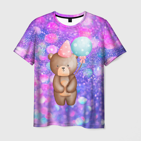 Мужская футболка 3D с принтом День Рождения   Медвежонок с шариками в Санкт-Петербурге, 100% полиэфир | прямой крой, круглый вырез горловины, длина до линии бедер | Тематика изображения на принте: день рождения | медведь | медвежонок | мишка | поздравления | праздник | шарик | шарики