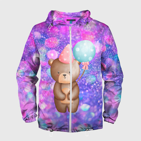 Мужская ветровка 3D с принтом День Рождения   Медвежонок с шариками в Санкт-Петербурге, 100% полиэстер | подол и капюшон оформлены резинкой с фиксаторами, два кармана без застежек по бокам, один потайной карман на груди | день рождения | медведь | медвежонок | мишка | поздравления | праздник | шарик | шарики