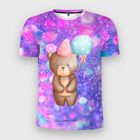 Мужская футболка 3D Slim с принтом День Рождения   Медвежонок с шариками в Новосибирске, 100% полиэстер с улучшенными характеристиками | приталенный силуэт, круглая горловина, широкие плечи, сужается к линии бедра | Тематика изображения на принте: день рождения | медведь | медвежонок | мишка | поздравления | праздник | шарик | шарики