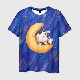 Мужская футболка 3D с принтом Спящий бычок на луне в Белгороде, 100% полиэфир | прямой крой, круглый вырез горловины, длина до линии бедер | луна | месяц | сон | сонный | спать | спокойной ночи | спящий бычок на месяце