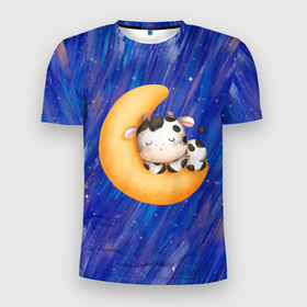 Мужская футболка 3D Slim с принтом Спящий бычок на луне в Новосибирске, 100% полиэстер с улучшенными характеристиками | приталенный силуэт, круглая горловина, широкие плечи, сужается к линии бедра | луна | месяц | сон | сонный | спать | спокойной ночи | спящий бычок на месяце