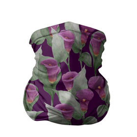 Бандана-труба 3D с принтом Фиолетовые каллы на темно фиолетовом фоне , 100% полиэстер, ткань с особыми свойствами — Activecool | плотность 150‒180 г/м2; хорошо тянется, но сохраняет форму | 8 марта | buds | calla lilies | flowers | leaves | бутоны | весна | зеленый | каллы | лето | листья | праздник | природа | растения | фиолетовый | флора | цветы