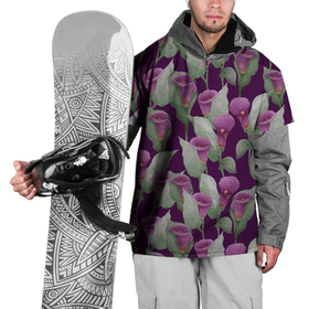 Накидка на куртку 3D с принтом Фиолетовые каллы на темно фиолетовом фоне , 100% полиэстер |  | 8 марта | buds | calla lilies | flowers | leaves | бутоны | весна | зеленый | каллы | лето | листья | праздник | природа | растения | фиолетовый | флора | цветы