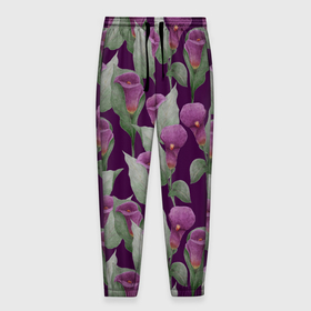 Мужские брюки 3D с принтом Фиолетовые каллы на темно фиолетовом фоне , 100% полиэстер | манжеты по низу, эластичный пояс регулируется шнурком, по бокам два кармана без застежек, внутренняя часть кармана из мелкой сетки | 8 марта | buds | calla lilies | flowers | leaves | бутоны | весна | зеленый | каллы | лето | листья | праздник | природа | растения | фиолетовый | флора | цветы