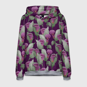 Мужская толстовка 3D с принтом Фиолетовые каллы на темно фиолетовом фоне , 100% полиэстер | двухслойный капюшон со шнурком для регулировки, мягкие манжеты на рукавах и по низу толстовки, спереди карман-кенгуру с мягким внутренним слоем. | Тематика изображения на принте: 8 марта | buds | calla lilies | flowers | leaves | бутоны | весна | зеленый | каллы | лето | листья | праздник | природа | растения | фиолетовый | флора | цветы