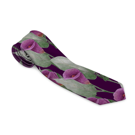 Галстук 3D с принтом Фиолетовые каллы на темно фиолетовом фоне , 100% полиэстер | Длина 148 см; Плотность 150-180 г/м2 | 8 марта | buds | calla lilies | flowers | leaves | бутоны | весна | зеленый | каллы | лето | листья | праздник | природа | растения | фиолетовый | флора | цветы