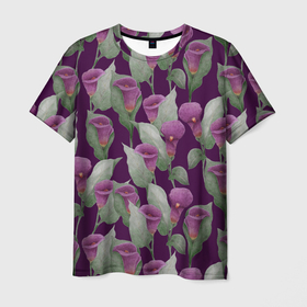 Мужская футболка 3D с принтом Фиолетовые каллы на темно фиолетовом фоне в Белгороде, 100% полиэфир | прямой крой, круглый вырез горловины, длина до линии бедер | Тематика изображения на принте: 8 марта | buds | calla lilies | flowers | leaves | бутоны | весна | зеленый | каллы | лето | листья | праздник | природа | растения | фиолетовый | флора | цветы