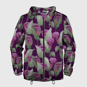 Мужская ветровка 3D с принтом Фиолетовые каллы на темно фиолетовом фоне , 100% полиэстер | подол и капюшон оформлены резинкой с фиксаторами, два кармана без застежек по бокам, один потайной карман на груди | 8 марта | buds | calla lilies | flowers | leaves | бутоны | весна | зеленый | каллы | лето | листья | праздник | природа | растения | фиолетовый | флора | цветы
