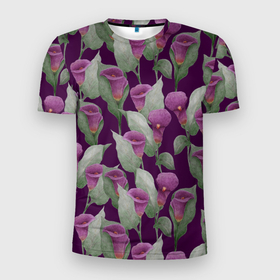 Мужская футболка 3D Slim с принтом Фиолетовые каллы на темно фиолетовом фоне в Тюмени, 100% полиэстер с улучшенными характеристиками | приталенный силуэт, круглая горловина, широкие плечи, сужается к линии бедра | Тематика изображения на принте: 8 марта | buds | calla lilies | flowers | leaves | бутоны | весна | зеленый | каллы | лето | листья | праздник | природа | растения | фиолетовый | флора | цветы