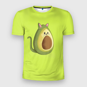 Мужская футболка 3D Slim с принтом Котокадо в Курске, 100% полиэстер с улучшенными характеристиками | приталенный силуэт, круглая горловина, широкие плечи, сужается к линии бедра | авокадо | веганам | веганство | вегетаринцам | кот | кошка | овощи