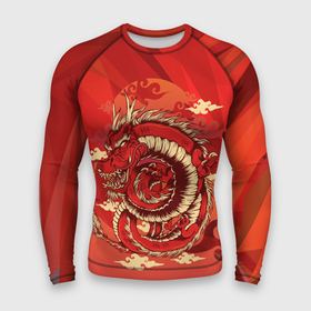 Мужской рашгард 3D с принтом Красно огненный дракон в Екатеринбурге,  |  | геометрия | дракон | змея | красное | огонь | символ | япония