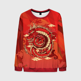 Мужской свитшот 3D с принтом Красно огненный дракон , 100% полиэстер с мягким внутренним слоем | круглый вырез горловины, мягкая резинка на манжетах и поясе, свободная посадка по фигуре | геометрия | дракон | змея | красное | огонь | символ | япония