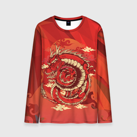 Мужской лонгслив 3D с принтом Красно огненный дракон в Курске, 100% полиэстер | длинные рукава, круглый вырез горловины, полуприлегающий силуэт | геометрия | дракон | змея | красное | огонь | символ | япония