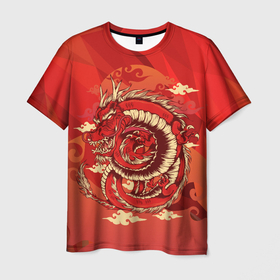 Мужская футболка 3D с принтом Красно огненный дракон в Новосибирске, 100% полиэфир | прямой крой, круглый вырез горловины, длина до линии бедер | геометрия | дракон | змея | красное | огонь | символ | япония