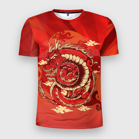 Мужская футболка 3D Slim с принтом Красно огненный дракон в Новосибирске, 100% полиэстер с улучшенными характеристиками | приталенный силуэт, круглая горловина, широкие плечи, сужается к линии бедра | Тематика изображения на принте: геометрия | дракон | змея | красное | огонь | символ | япония