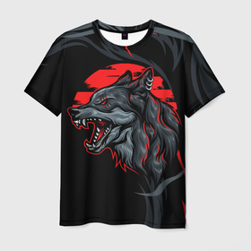 Мужская футболка 3D с принтом Дикий волк на закате в Екатеринбурге, 100% полиэфир | прямой крой, круглый вырез горловины, длина до линии бедер | волк | дикий | животное | закат | лесной житель | хищник