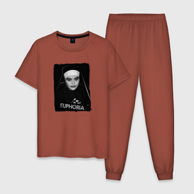 Мужская пижама хлопок с принтом Kat the nun в Санкт-Петербурге, 100% хлопок | брюки и футболка прямого кроя, без карманов, на брюках мягкая резинка на поясе и по низу штанин
 | the nun | барби | девушка | кресты | кэт | надпись | пероснаж | эйфория