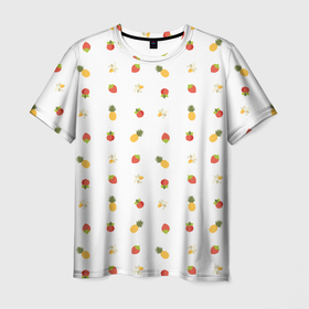 Мужская футболка 3D с принтом Фруктово ягодный в Тюмени, 100% полиэфир | прямой крой, круглый вырез горловины, длина до линии бедер | ананас | банан | вкусно | вкусняшка | еда | клубника | малина | сладкое | сладости | фруктовый | фрукты | ягодный | ягоды