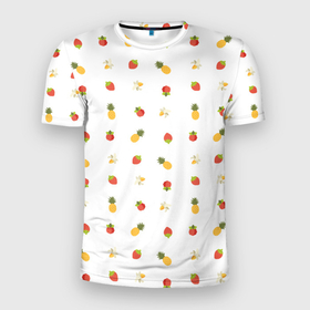 Мужская футболка 3D Slim с принтом Фруктово ягодный в Петрозаводске, 100% полиэстер с улучшенными характеристиками | приталенный силуэт, круглая горловина, широкие плечи, сужается к линии бедра | ананас | банан | вкусно | вкусняшка | еда | клубника | малина | сладкое | сладости | фруктовый | фрукты | ягодный | ягоды