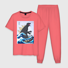 Мужская пижама хлопок с принтом Godzilla in The Waves Eastern в Тюмени, 100% хлопок | брюки и футболка прямого кроя, без карманов, на брюках мягкая резинка на поясе и по низу штанин
 | godzilla in the waves eastern | japan waves | большая волна в канагаве | волны | годзилла | дайкайдзю | монстр | мутант | японская волна | японский стиль | ящер