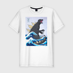 Мужская футболка хлопок Slim с принтом Godzilla in The Waves Eastern в Новосибирске, 92% хлопок, 8% лайкра | приталенный силуэт, круглый вырез ворота, длина до линии бедра, короткий рукав | godzilla in the waves eastern | japan waves | большая волна в канагаве | волны | годзилла | дайкайдзю | монстр | мутант | японская волна | японский стиль | ящер
