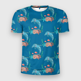 Мужская футболка 3D Slim с принтом Дельфины  Море  паттерн в Кировске, 100% полиэстер с улучшенными характеристиками | приталенный силуэт, круглая горловина, широкие плечи, сужается к линии бедра | Тематика изображения на принте: дельфин | дельфины | море | океан | паттерн