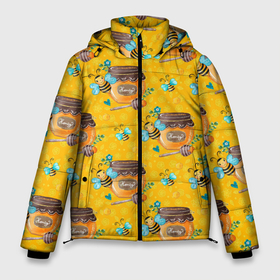 Мужская зимняя куртка 3D с принтом Мед и пчелы в Тюмени, верх — 100% полиэстер; подкладка — 100% полиэстер; утеплитель — 100% полиэстер | длина ниже бедра, свободный силуэт Оверсайз. Есть воротник-стойка, отстегивающийся капюшон и ветрозащитная планка. 

Боковые карманы с листочкой на кнопках и внутренний карман на молнии. | Тематика изображения на принте: мед | медок | пчелка | пчелы | соты