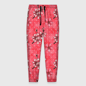 Мужские брюки 3D с принтом Сакура красная в Курске, 100% полиэстер | манжеты по низу, эластичный пояс регулируется шнурком, по бокам два кармана без застежек, внутренняя часть кармана из мелкой сетки | паттерн | сакура | цветочный паттерн | цветы | япония