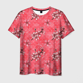 Мужская футболка 3D с принтом Сакура красная , 100% полиэфир | прямой крой, круглый вырез горловины, длина до линии бедер | паттерн | сакура | цветочный паттерн | цветы | япония