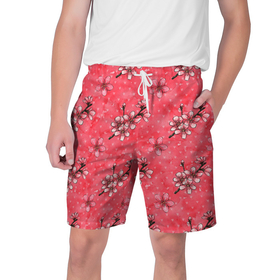 Мужские шорты 3D с принтом Сакура красная в Тюмени,  полиэстер 100% | прямой крой, два кармана без застежек по бокам. Мягкая трикотажная резинка на поясе, внутри которой широкие завязки. Длина чуть выше колен | паттерн | сакура | цветочный паттерн | цветы | япония