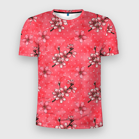 Мужская футболка 3D Slim с принтом Сакура красная в Новосибирске, 100% полиэстер с улучшенными характеристиками | приталенный силуэт, круглая горловина, широкие плечи, сужается к линии бедра | паттерн | сакура | цветочный паттерн | цветы | япония