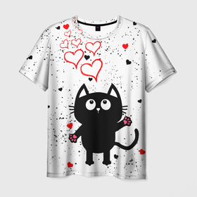 Мужская футболка 3D с принтом Влюблённый котик   Cat   Love в Курске, 100% полиэфир | прямой крой, круглый вырез горловины, длина до линии бедер | 14 февраля | cat | cats | i love you | love | второй половинке | день всех влюбленных | день святого валентина | для друга | для пары | котик | люблю | любовь | мой | надпись | о любви | подарок | семья | сердечки
