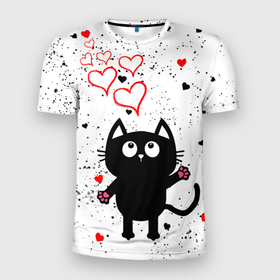 Мужская футболка 3D Slim с принтом Влюблённый котик   Cat   Love в Екатеринбурге, 100% полиэстер с улучшенными характеристиками | приталенный силуэт, круглая горловина, широкие плечи, сужается к линии бедра | Тематика изображения на принте: 14 февраля | cat | cats | i love you | love | второй половинке | день всех влюбленных | день святого валентина | для друга | для пары | котик | люблю | любовь | мой | надпись | о любви | подарок | семья | сердечки