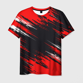 Мужская футболка 3D с принтом БЕЛО КРАСНАЯ КРАСКА в Новосибирске, 100% полиэфир | прямой крой, круглый вырез горловины, длина до линии бедер | белая | брызги | краска | красная | полосы | текстура | уголки