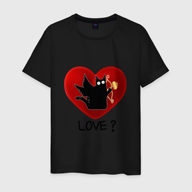 Мужская футболка хлопок с принтом WHAT CAT   LOVE   Сердце в Новосибирске, 100% хлопок | прямой крой, круглый вырез горловины, длина до линии бедер, слегка спущенное плечо. | Тематика изображения на принте: 14 февраля | cat | cats | i love you | love | второй половинке | день всех влюбленных | день святого валентина | для друга | для пары | котик | люблю | любовь | мем | мой | надпись | о любви | подарок | прикол