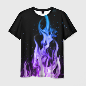 Мужская футболка 3D с принтом ОГОНЬ НЕОНОВЫЙ в Екатеринбурге, 100% полиэфир | прямой крой, круглый вырез горловины, длина до линии бедер | Тематика изображения на принте: абстракция | горит | неон | неоновый | огонь | пламя | пожар | синий | текстура | фиолетовый | яркий