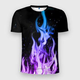 Мужская футболка 3D Slim с принтом ОГОНЬ НЕОНОВЫЙ в Курске, 100% полиэстер с улучшенными характеристиками | приталенный силуэт, круглая горловина, широкие плечи, сужается к линии бедра | абстракция | горит | неон | неоновый | огонь | пламя | пожар | синий | текстура | фиолетовый | яркий