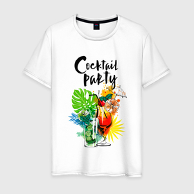 Мужская футболка хлопок с принтом Cocktail Party в Тюмени, 100% хлопок | прямой крой, круглый вырез горловины, длина до линии бедер, слегка спущенное плечо. | party | бокал | вечеринка | коктейл | лето | экзотика