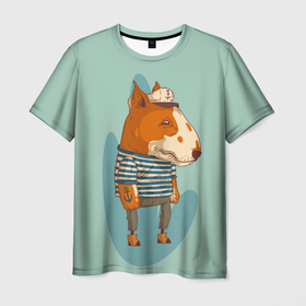 Мужская футболка 3D с принтом Пёс моряк в Санкт-Петербурге, 100% полиэфир | прямой крой, круглый вырез горловины, длина до линии бедер | бультерьер | животное | море | моряк | пеё | собака
