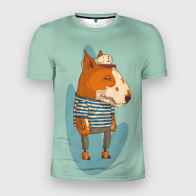 Мужская футболка 3D Slim с принтом Пёс моряк в Санкт-Петербурге, 100% полиэстер с улучшенными характеристиками | приталенный силуэт, круглая горловина, широкие плечи, сужается к линии бедра | бультерьер | животное | море | моряк | пеё | собака
