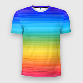 Мужская футболка 3D Slim с принтом РАДУЖНЫЙ ДИЗАЙН   РАДУГА в Курске, 100% полиэстер с улучшенными характеристиками | приталенный силуэт, круглая горловина, широкие плечи, сужается к линии бедра | линии | неон | полосы | радуга | радужный | текстура | цвета | цвета радуги | яркий