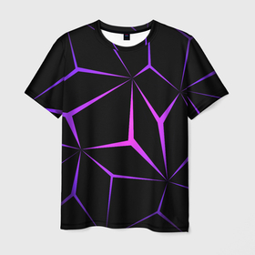 Мужская футболка 3D с принтом НЕОНОВАЯ ГЕОМЕТРИЯ   NEON в Кировске, 100% полиэфир | прямой крой, круглый вырез горловины, длина до линии бедер | neon | абстракция | геометрия | линии | многоугольник | неон | текстура | технология | фиолетовый