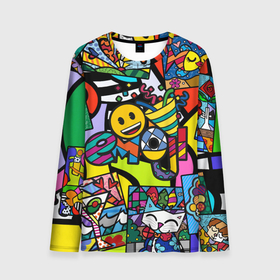 Мужской лонгслив 3D с принтом Romero Britto   emoji в Курске, 100% полиэстер | длинные рукава, круглый вырез горловины, полуприлегающий силуэт | brazilian artist | bright colors | cubism | emoji | emoticons | graffiti | pop art | romero britto | бразильский художник | граффити | кубизм | ромеро бритто | смайлики | эмодзи | яркие цвета