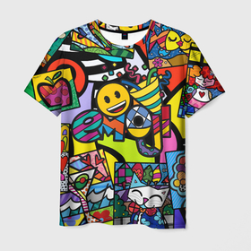 Мужская футболка 3D с принтом Romero Britto   emoji , 100% полиэфир | прямой крой, круглый вырез горловины, длина до линии бедер | brazilian artist | bright colors | cubism | emoji | emoticons | graffiti | pop art | romero britto | бразильский художник | граффити | кубизм | ромеро бритто | смайлики | эмодзи | яркие цвета